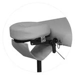 Regulowany zagłówek 3D-Comfort™ w stole do masażu RehaKing GrayWolf z podłokietnikiem pod twarz.