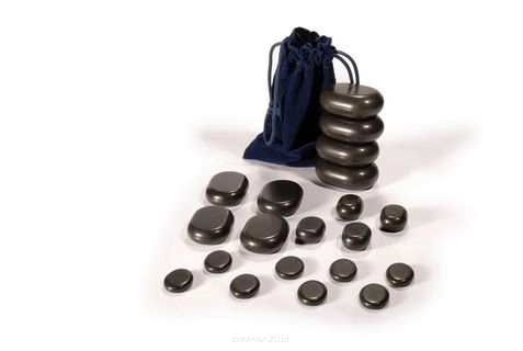 Zestaw 20 kamieni do masażu stóp wraz z aksamitnym pokrowcem. 